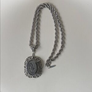 Whiting & Davis hematite Silver Pendant Necklace with Intricate Lily Design